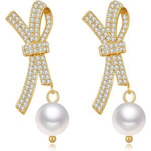 Pearl Bow Earrings | 18K Gold Plated Studs | Dainty Minimalist Jewelry